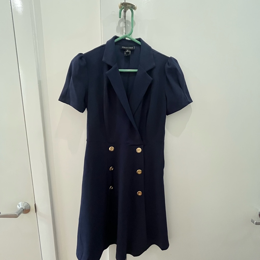 Navy Blue Double-Breasted Puff Sleeve Sailor Dress